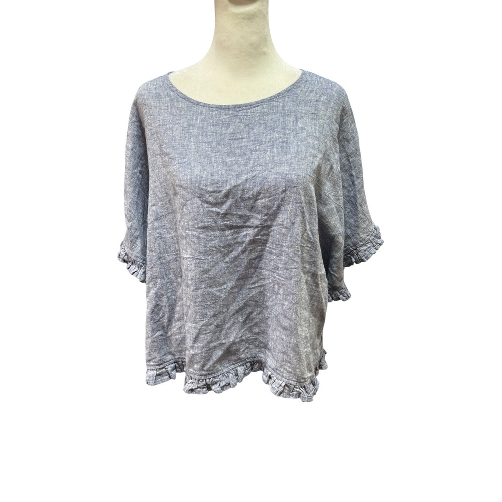Cynthia Rowley Blue Linen Blend Ruffle Hem Boxy Blouse Top Womens Large # 993